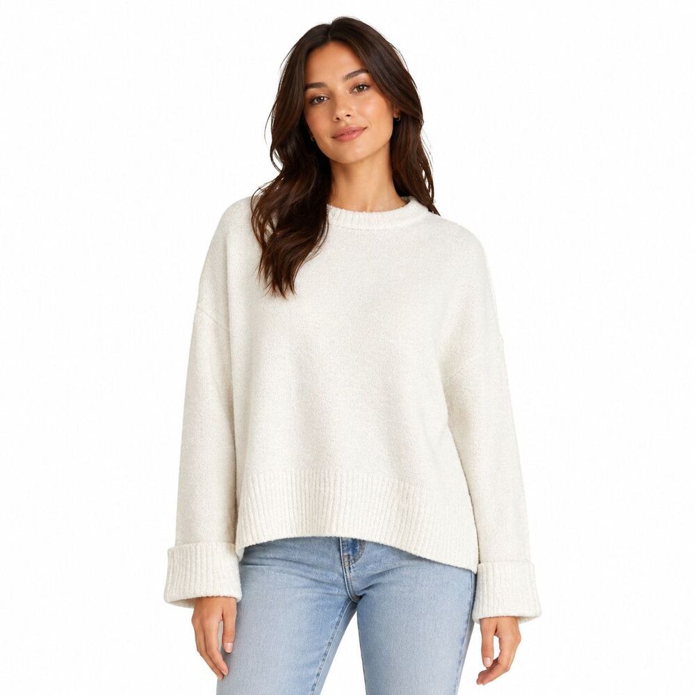 ANRABESS Sweater Womens Medium White Oversized Knit Crew Neck Pullover Top